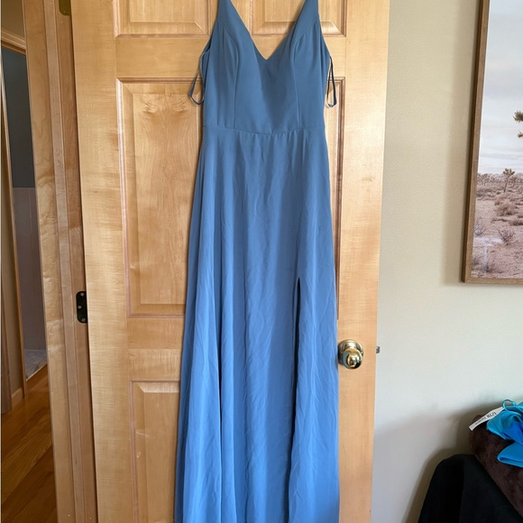 Spaghetti Strap Slate Blue V-Neck Wedding Dress with High Slit - Picture 2 of 4